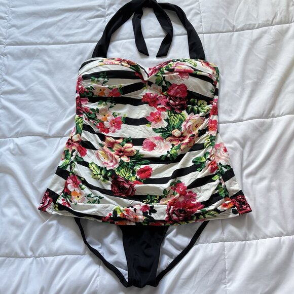 Jantzen Womens Size 14 Swimsuit Bathing Suit Floral Striped Pink White Beach - Picture 1 of 9